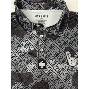 Pins and Aces Polo Shirt Men's S Black/Gray All Over Print DNVR Stretch Golf